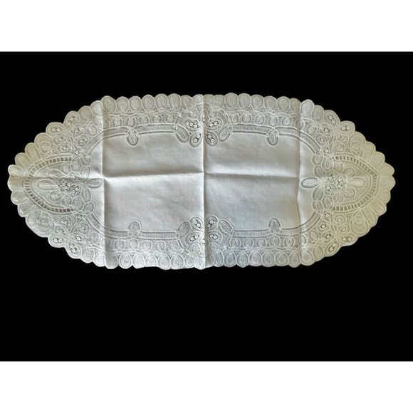 Handmade Other - Handmade Belgian Lace Table Runner 38"x17.25" White Oval VGUC Wedding Dinner